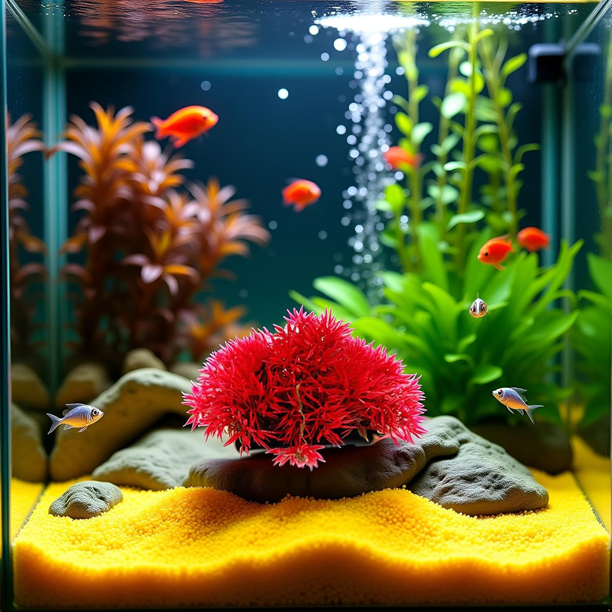 Red Artificial Flowers, Fake Flowers, Artificial Pine with Base Grass Fish Tank Ornament Aquatic Plant Landscape Decor, Aquarium Décor Plastic Plants