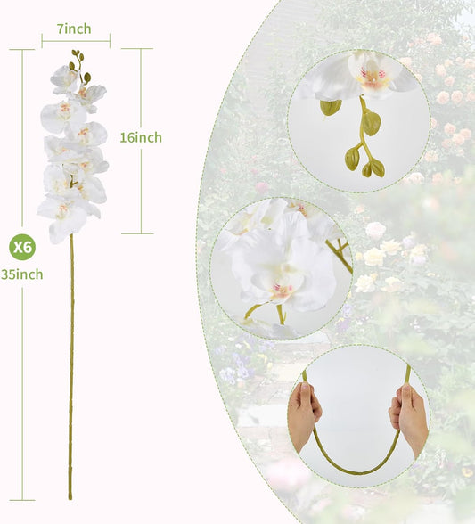 6 Pcs Artificial Orchid Stems 33.5" Tall 9 Large Petals Fake White Phalaenopsis Flower Arrangements for Home Wedding Living Room Table Centerpiece Office Table Decor White
