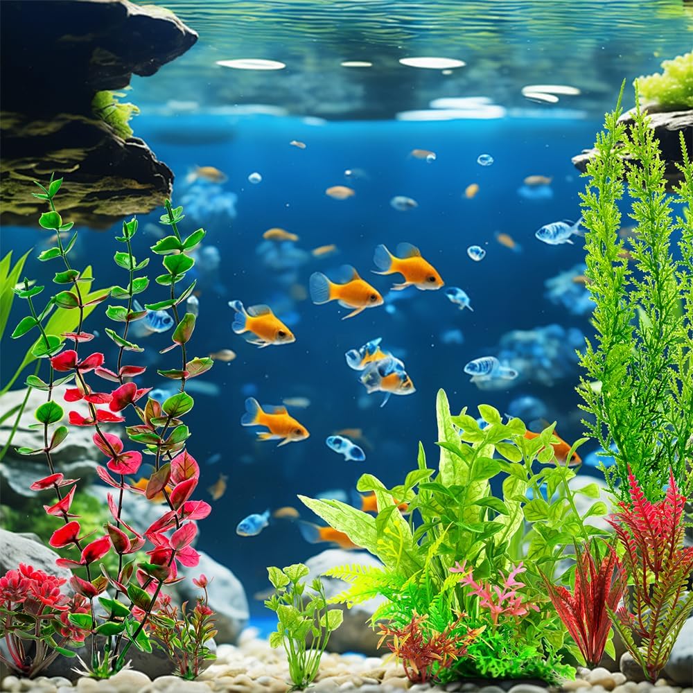 18Pcs Plastic Aquarium Plants, Weighted Base, Red Green Fish Tank Decor
