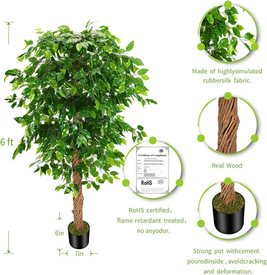 OXLLXO 6ft Artificial Ficus Silk Tree (72in) with Plastic Nursery Pot Faux Tree, Fake Plant for Office House Farmhouse Living Room Home Decor (Indoor/Outdoor)