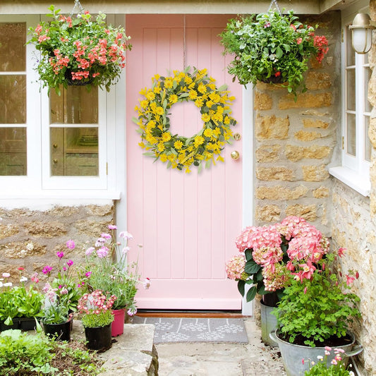 24 Inch Yellow Daisy Wreath, Artificial Spring Summer Wreath with Eucalyptus Leaves, Yellow Forsythia Flowers Front Door Wreath for Indoor Outdoor Home Farmhouse Wall Window Porch Decor