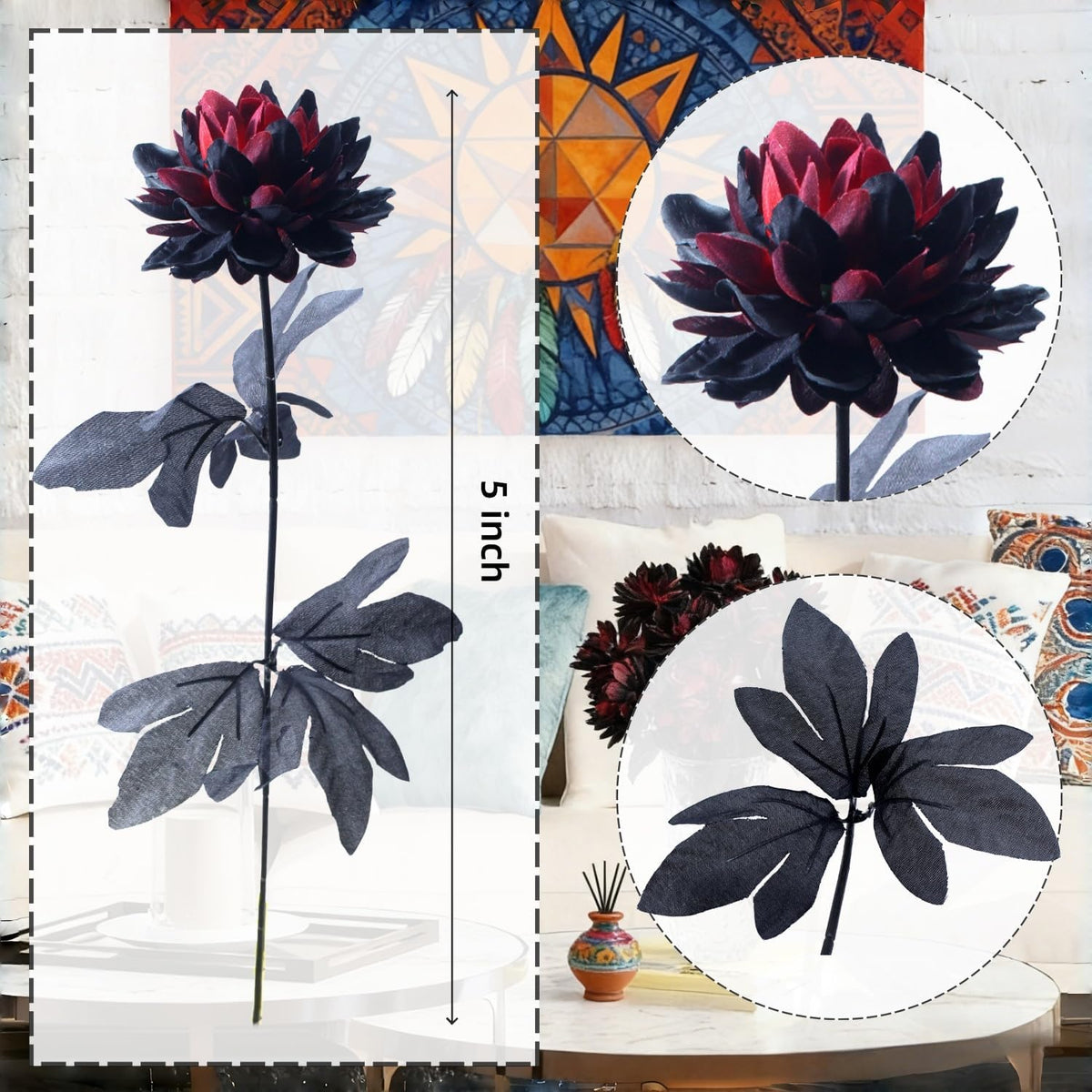 12Pcs Artificial Dahlia Flowers Burgundy Gothic Dead Flowers for Halloween