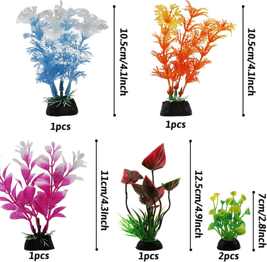 Aquarium Decorations - 6pcs Colorful Fish Tank Plants, Plastic Accessories for Mini Aquariums