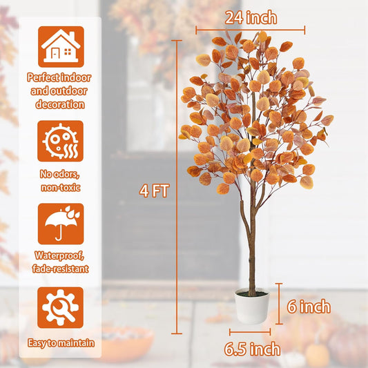Artificial Maple Tree, Fall Tree for Outdoor Indoor Porch Entryway, Orange Potted Fake Tall Plants, Autumn Decoration for Home Office Party, Thanksgiving Halloween, 6ft