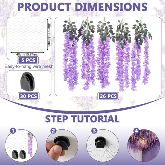 26 Pcs 3D Wisteria Tree for Classroom Room Ceiling Wall Decor Bulletin Board Large Wisteria Garland with 5 Metal Mesh Panel Artificial Fake Hanging Flower Wedding Backdrop(Purple)
