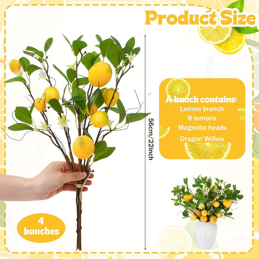 4 Pack Artificial Lemon Branches 8 Heads Per Stem Faux Lemons with Leaves Kitchen Table Centerpiece Decor Fake Lemon Tree for Vases Farmhouse Party Summer Home Yellow Decorations