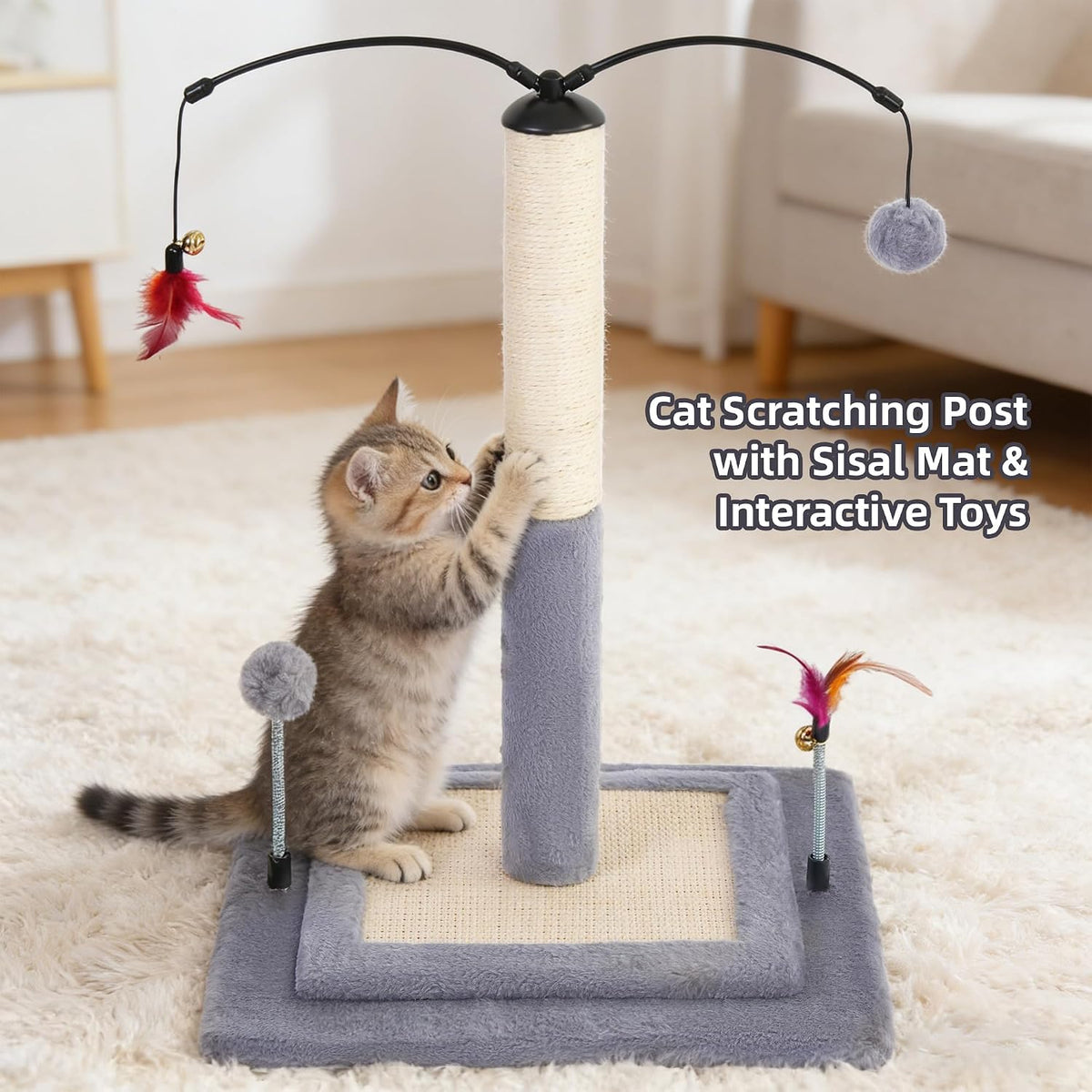 Cactus Cat Scratching Post with Sisal Rope, Small Cat Tree with Dangling Balls & Feather for Kittens (Green, 22.8'')