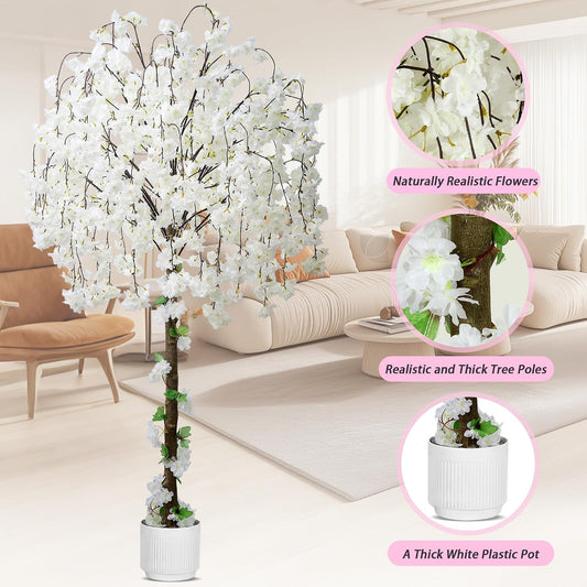 Artificial Cherry Blossom Tree, 6FT Height with 100 LED Lights, Faux Silk Plant in Pot for Home, Office, Wedding, Garden, Party, and Hotel Decorations (White, 6FT)