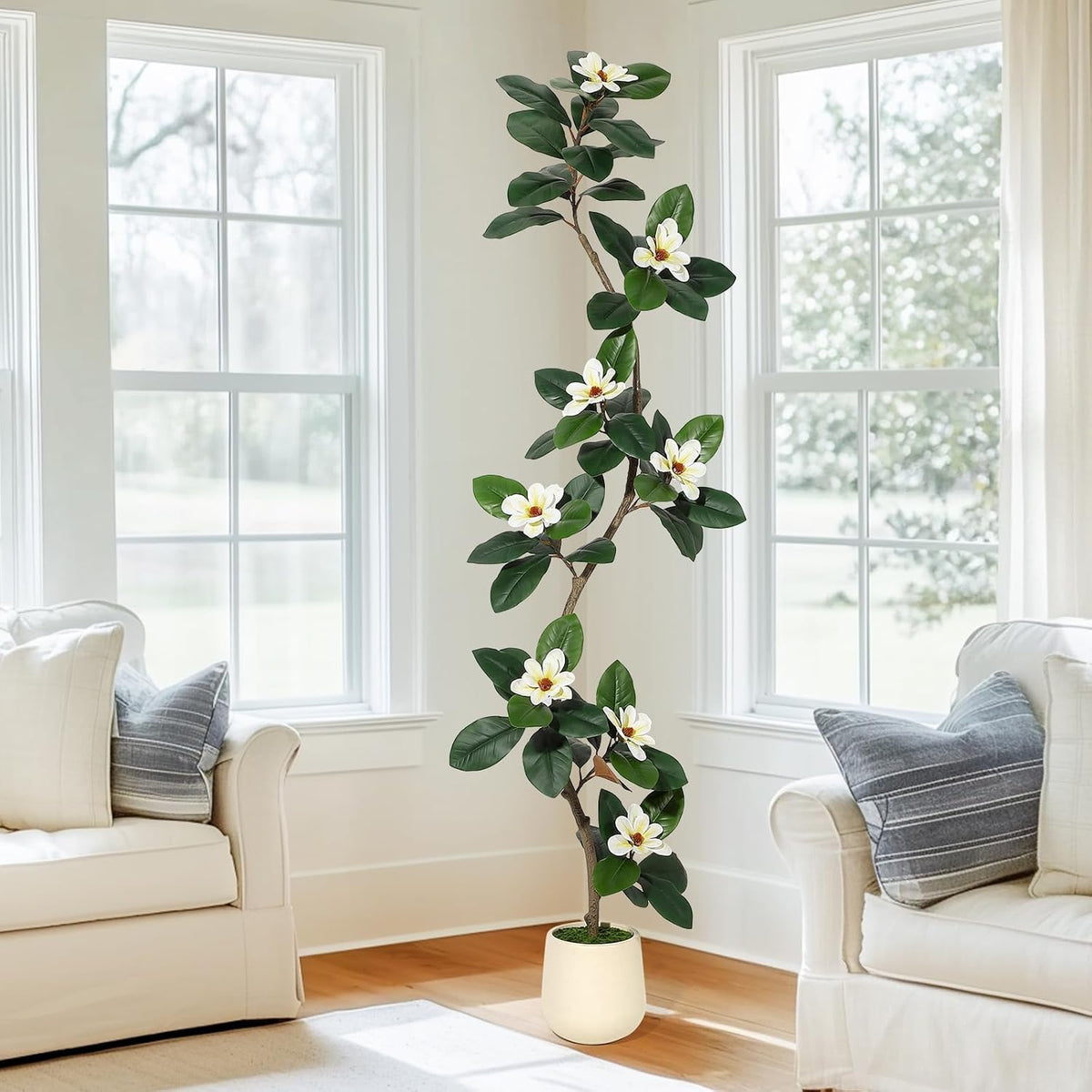 6ft Artificial Magnolia Tree, Faux Rubber Plant Floor Plant in White Planter, with 7 Pcs Magnolia Flowers for Home Decor for Home Office Living Room Decor