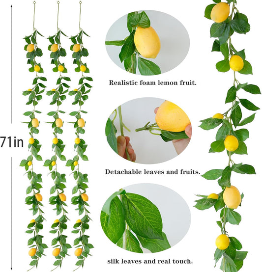 3 Strands Lemon Artificial Vines, 71" Lemon Silk Vine Garland with Green Leaves, Fake Hanging Plants Greenery Decor for Home, Bedroom, Wall, Party, Wedding Decoration