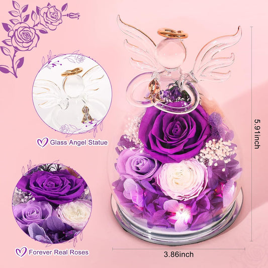 Gifts for Mom Birthday Gifts for Women Preserved Rose Forever Flower in Glass Angel Figurines Fresh Flowers for Delivery Anniversary Real Colorful Roses for Grandma Her Wife Mothers from Daughter