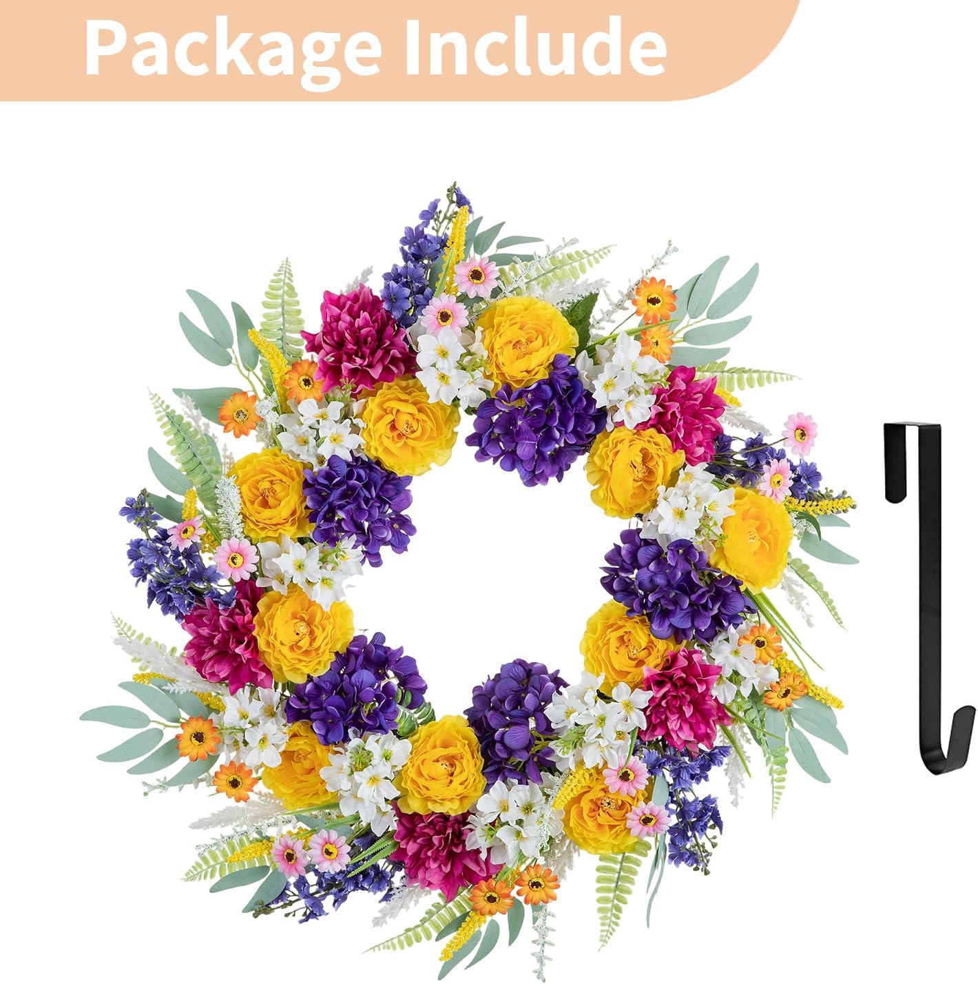 Geranium Wreath for Front Door: Summer Red Wreaths, 24 Inch | with Greenery & Bow, Hanger, Artificial Silk Flower Spring Decor for Outdoor, Wall, Window, Porch, Farmhouse, Christmas