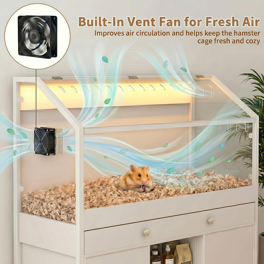 Hamster Cage with Storage Cabinet,43.3" Small Animal Cage with LED Lights and Fan, Easy View Acrylic Panel, Large Habitat for Guinea Pig, Hedgehog,Rat 43.3"x 15.7"x 43.3"