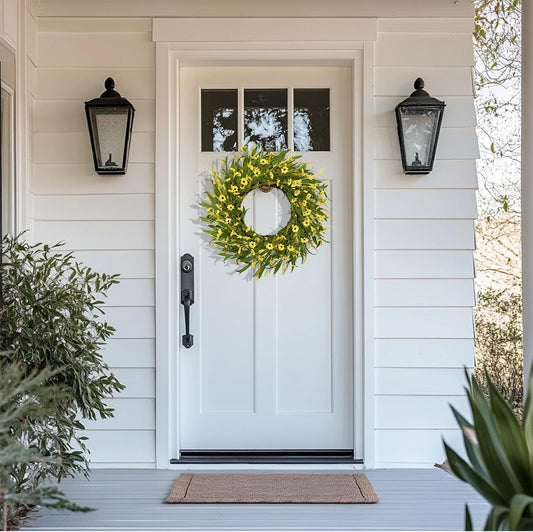 22 Inch Yellow Daisy & Forsythia Wreath, Artificial Summer Floral Wreath with Eucalyptus Leaves and Berries, Rustic Farmhouse Decor for Front Door Wall Window Indoor Outdoor