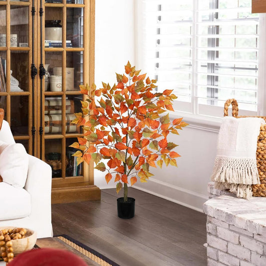 Artificial Fall Tree in Pot, 40.5" Fake Maple Tree with Silk Orange Leaves