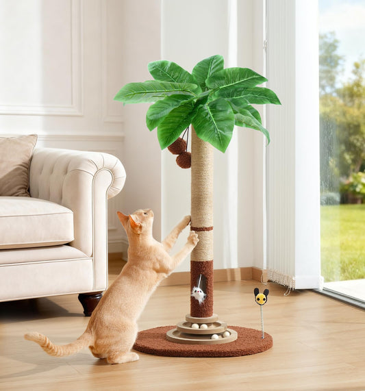 35" Tall Cat Scratching Post with Sisal Rope, Interactive Hanging Balls, Toy Mouse and Two-Layer Ball Track Cat Toys, Palm Tree Cat Scratcher Tower for Indoor Cats and Kittens