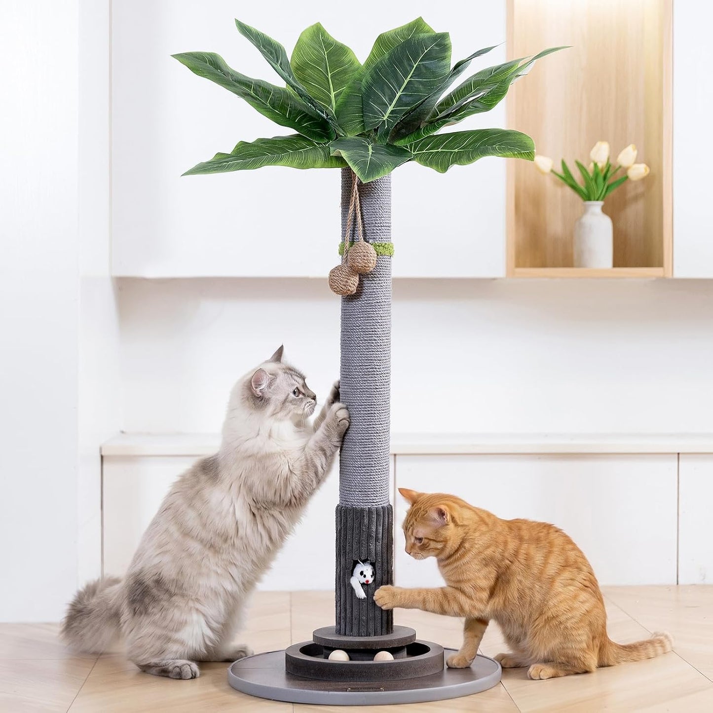 35" Tall Cat Scratching Post, Sisal Cat Scratcher Tree with Leaves,Interactive Cat Toys for Inddor Cats and Kitten