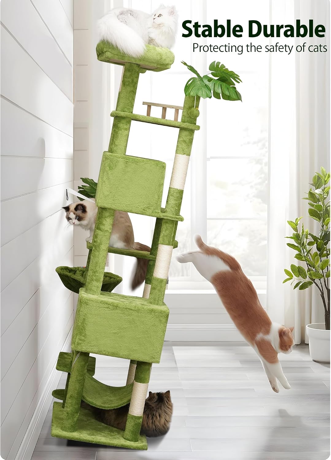 65in Tall Cat Tree with Leaves for Indoor Cats, Green Cat Tower with Scratching Post,Hanging Hammock,Cozy Perch,Swing Ball,Self Groomer and Cat Ladder,Cat Tree Tower