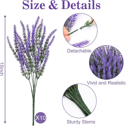 10 Bundles Fake Flowers Artificial Lavender Plants, Purple | Faux plastic plants for home wedding kitchen garden patio porch window box office table centerpieces indoor outdoor decor