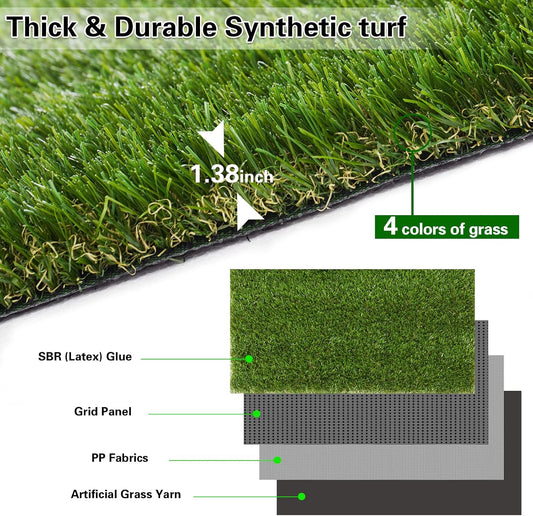 Artificial Grass Thick Turf 4 ft x 6 ft,1.38" Artificial Synthetic Fake Grass Rug, Indoor/Outdoor Realistic Turf Grass Lawn Mat for Dogs Pets, Patio, Landscape, Garden, Custom Size