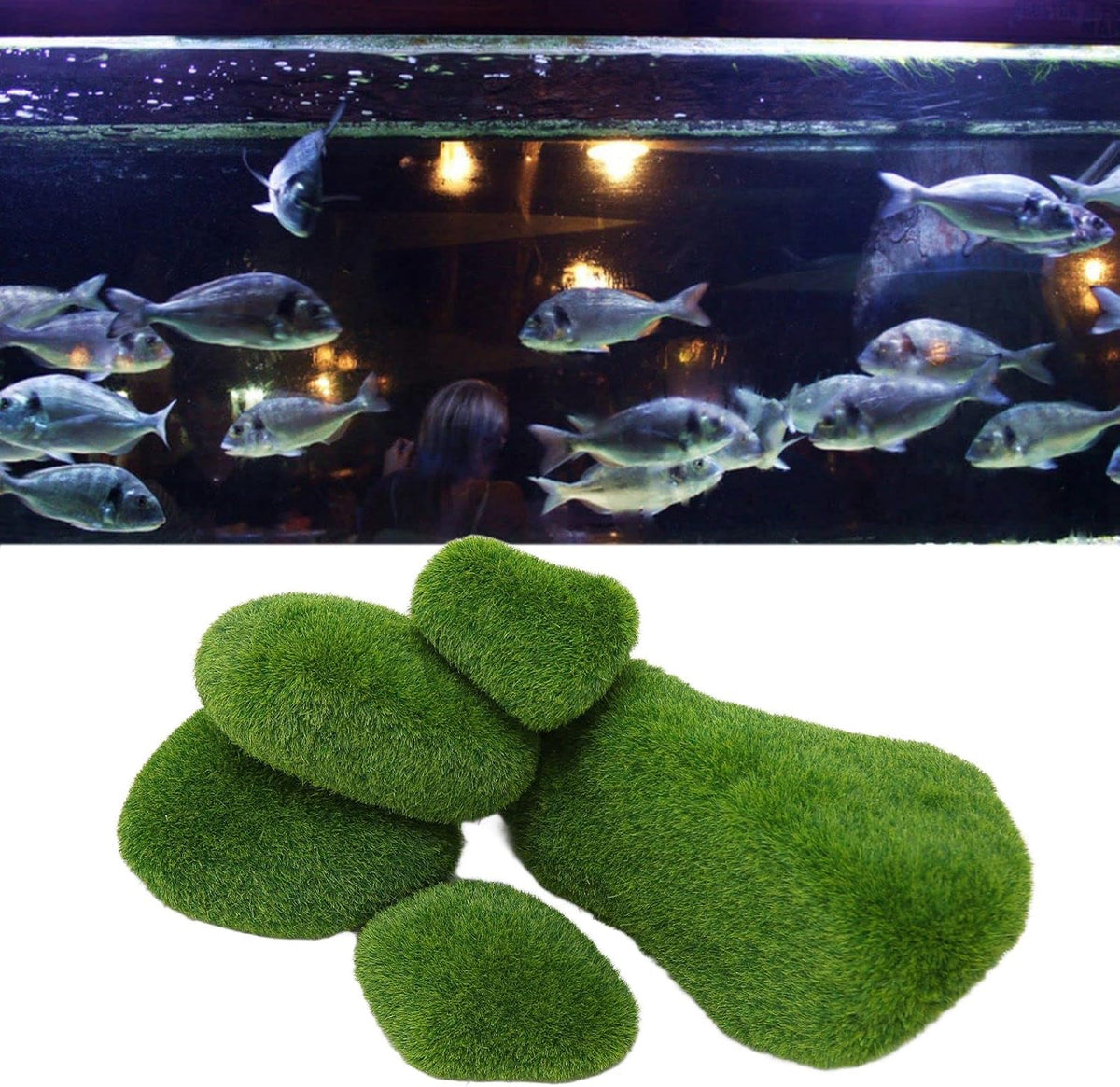 Fish Landscaping Stones, 5 Size Artificial Moss Rocks Decorative Resin Green Moss Balls Moss Stones Green Moss Covered Stones Fake Moss Decor Aquarium Decoration