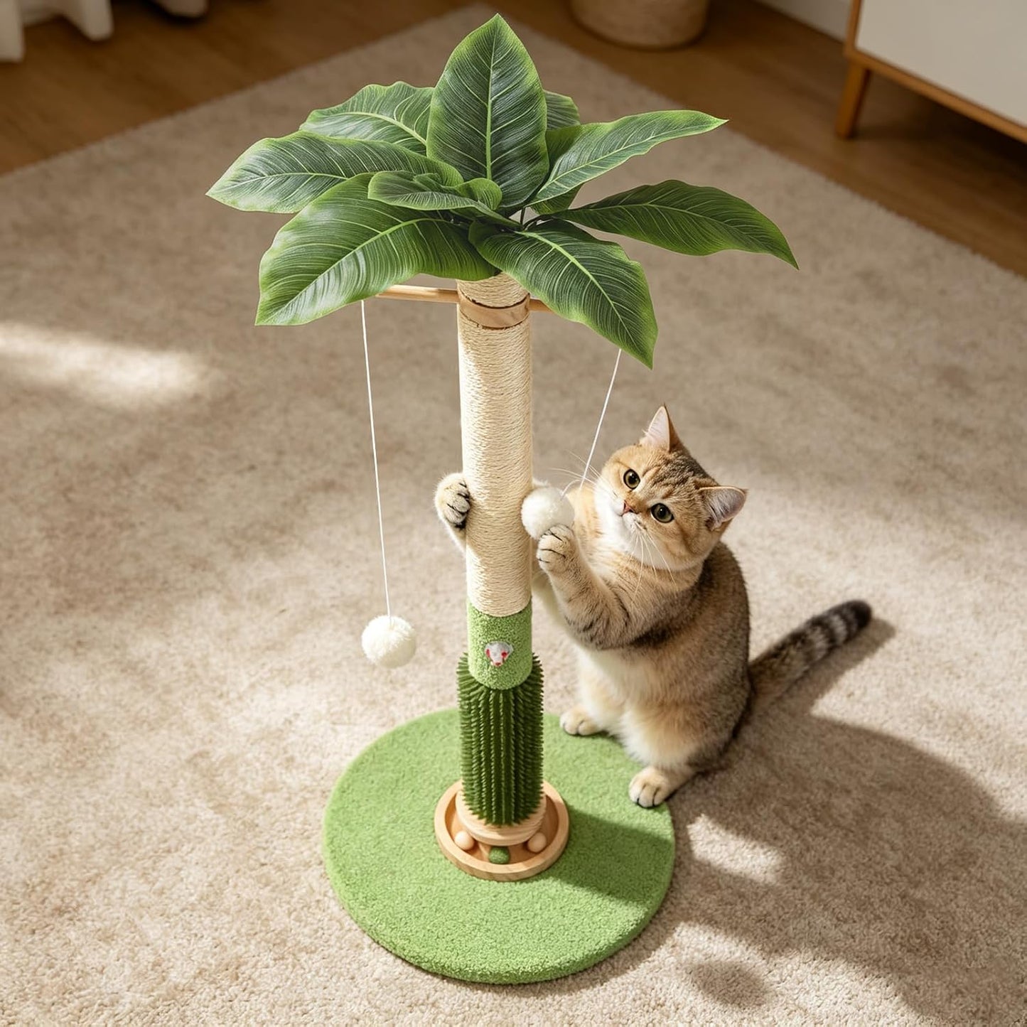 Cat Scratching Post,37.5'' Tall Palm Tree Natural Sisal Scratching Post for Indoor,Stable Vertical Scratcher Tower with Mouse Hole Toy,Rotating Interactive Ball Self Groomer for Full Body Stretching