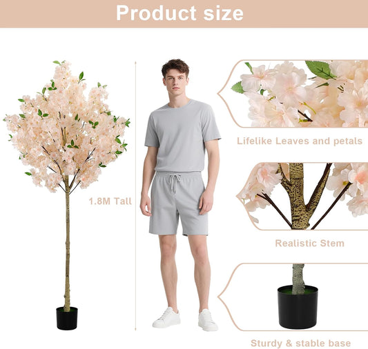 6Ft Cherry Blossom Artificial Tree,Decor Fake Tree Faux Silk Plant with Plastic Nursery Pot,Artificial Plants for Wedding Decor Home Office(Champagne)