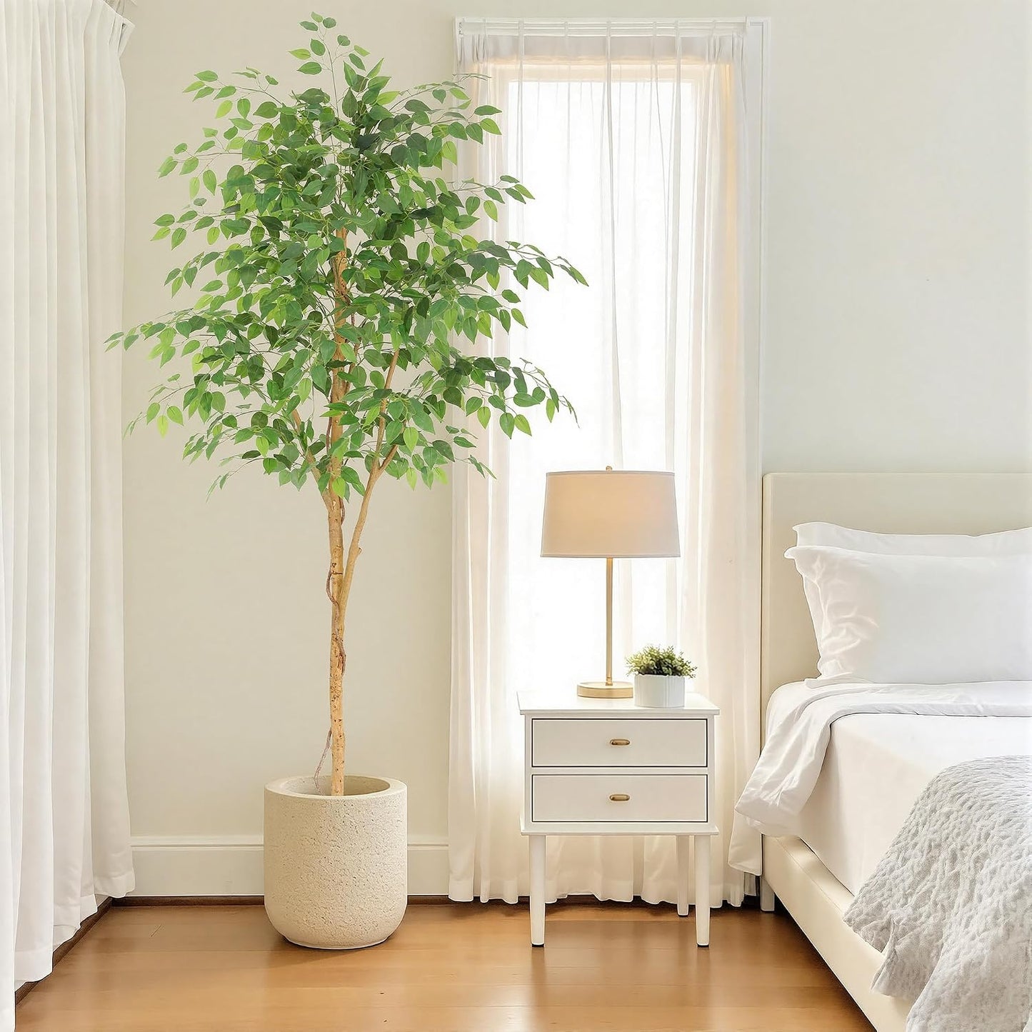6ft Ficus Tree Artificial with Double Real Wood Trunks, 72in Faux Ficus Tree with Lifelike Leaves, Fake Ficus Tree for Living Room Bedroom Office Decor