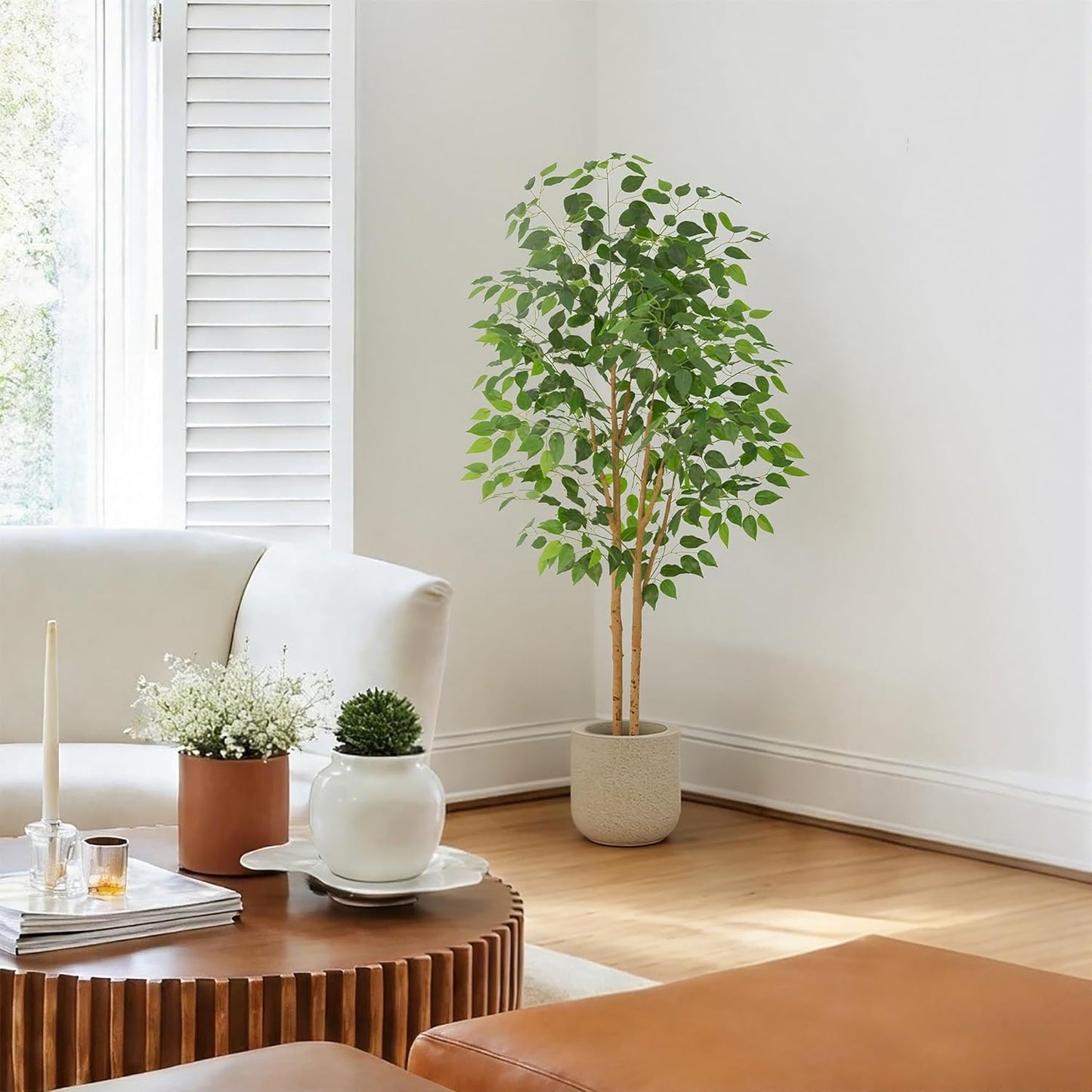 6ft Ficus Tree Artificial with Double Real Wood Trunks, 72in Faux Ficus Tree with Lifelike Leaves, Fake Ficus Tree for Living Room Bedroom Office Decor