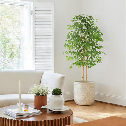 6ft Ficus Tree Artificial with Double Real Wood Trunks, 72in Faux Ficus Tree with Lifelike Leaves, Fake Ficus Tree for Living Room Bedroom Office Decor
