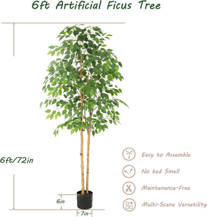 6ft Ficus Tree Artificial with Double Real Wood Trunks, 72in Faux Ficus Tree with Lifelike Leaves, Fake Ficus Tree for Living Room Bedroom Office Decor