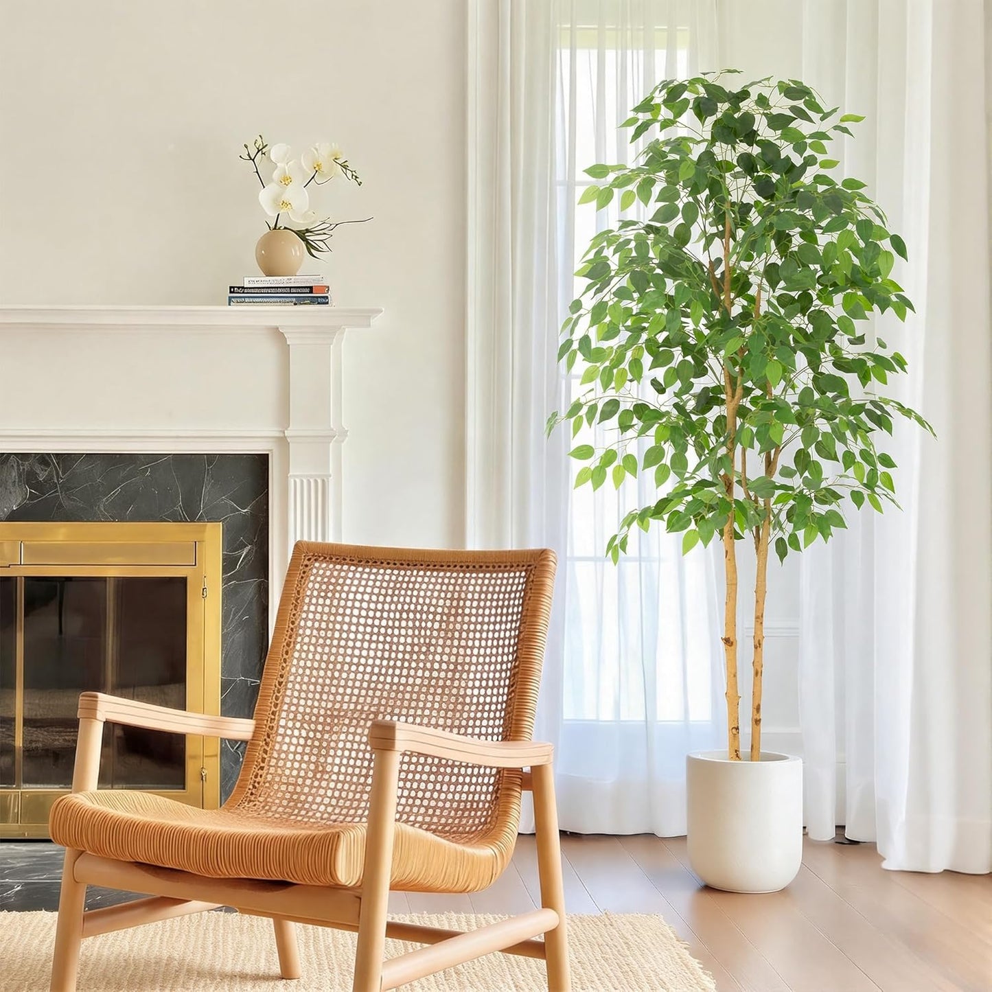 6ft Ficus Tree Artificial with Double Real Wood Trunks, 72in Faux Ficus Tree with Lifelike Leaves, Fake Ficus Tree for Living Room Bedroom Office Decor