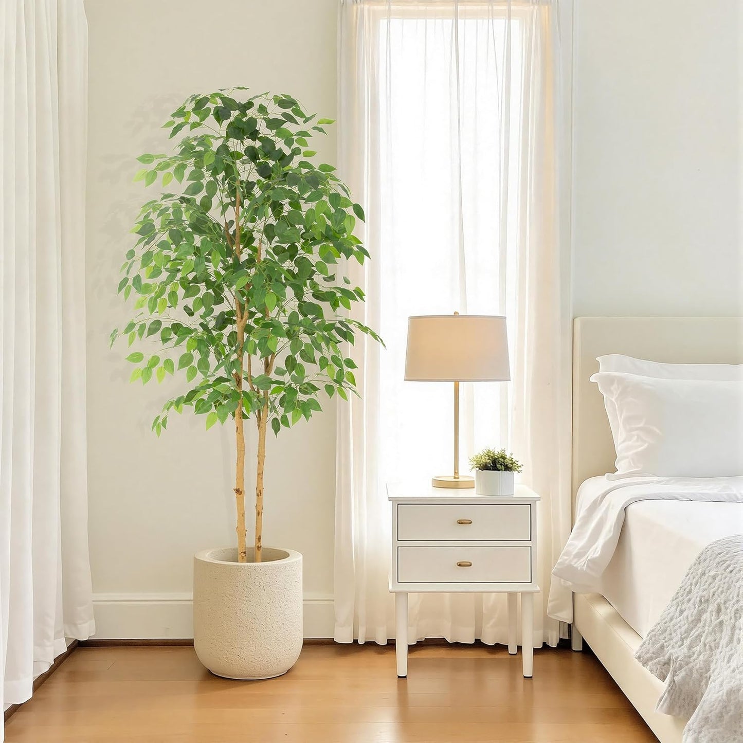 6ft Ficus Tree Artificial with Double Real Wood Trunks, 72in Faux Ficus Tree with Lifelike Leaves, Fake Ficus Tree for Living Room Bedroom Office Decor