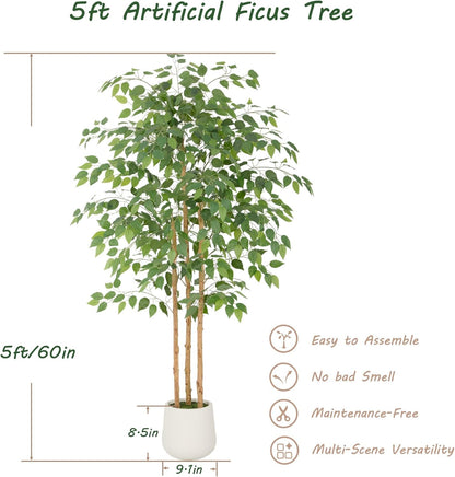6ft Ficus Tree Artificial with Double Real Wood Trunks, 72in Faux Ficus Tree with Lifelike Leaves, Fake Ficus Tree for Living Room Bedroom Office Decor