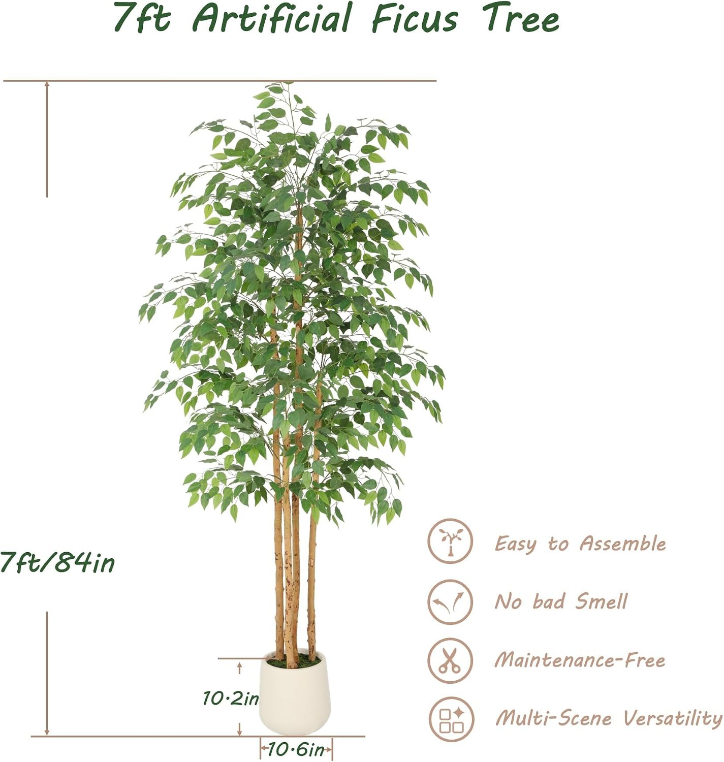 6ft Ficus Tree Artificial with Double Real Wood Trunks, 72in Faux Ficus Tree with Lifelike Leaves, Fake Ficus Tree for Living Room Bedroom Office Decor
