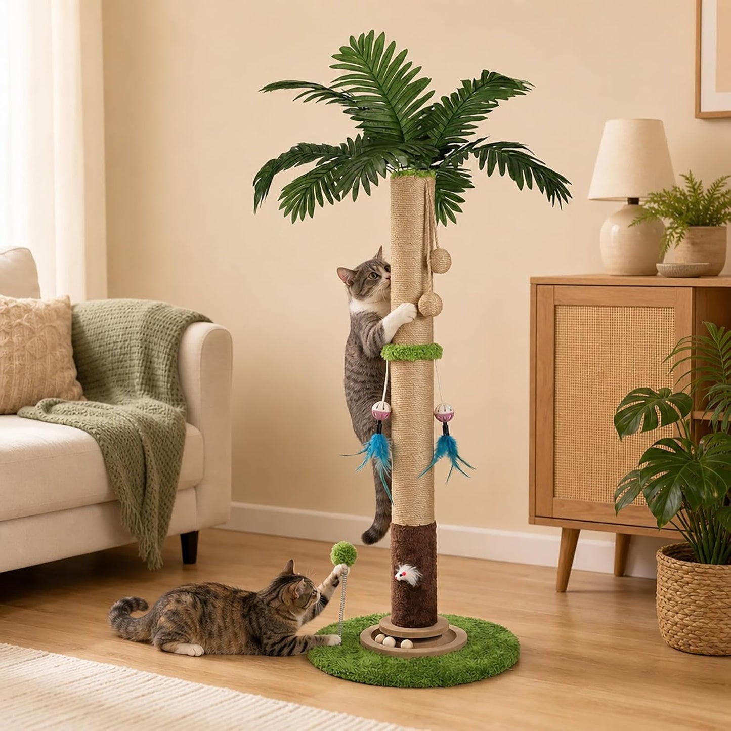 Cat Scratching Post for Indoor Cat Adult, 35 Inch Tall Tree Scratching Post | Sisal Large Cat Scratching Post with Interactive Cat Toy, Mouse Hole & Ball Track for Kittens Cats, Upgrade Suction Cup Base