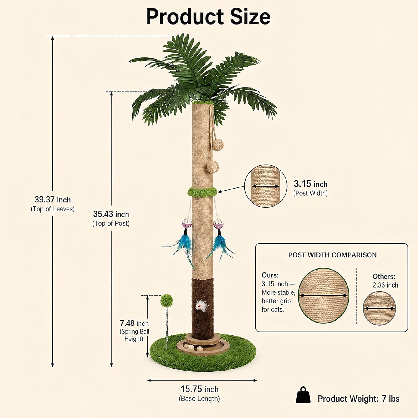 Cat Scratching Post for Indoor Cat Adult, 35 Inch Tall Tree Scratching Post | Sisal Large Cat Scratching Post with Interactive Cat Toy, Mouse Hole & Ball Track for Kittens Cats, Upgrade Suction Cup Base
