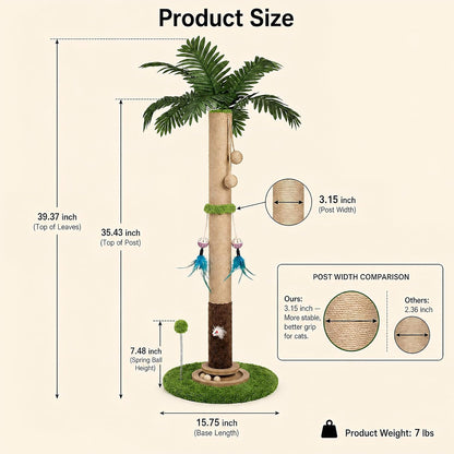 Cat Scratching Post for Indoor Cat Adult, 35 Inch Tall Tree Scratching Post | Sisal Large Cat Scratching Post with Interactive Cat Toy, Mouse Hole & Ball Track for Kittens Cats, Upgrade Suction Cup Base
