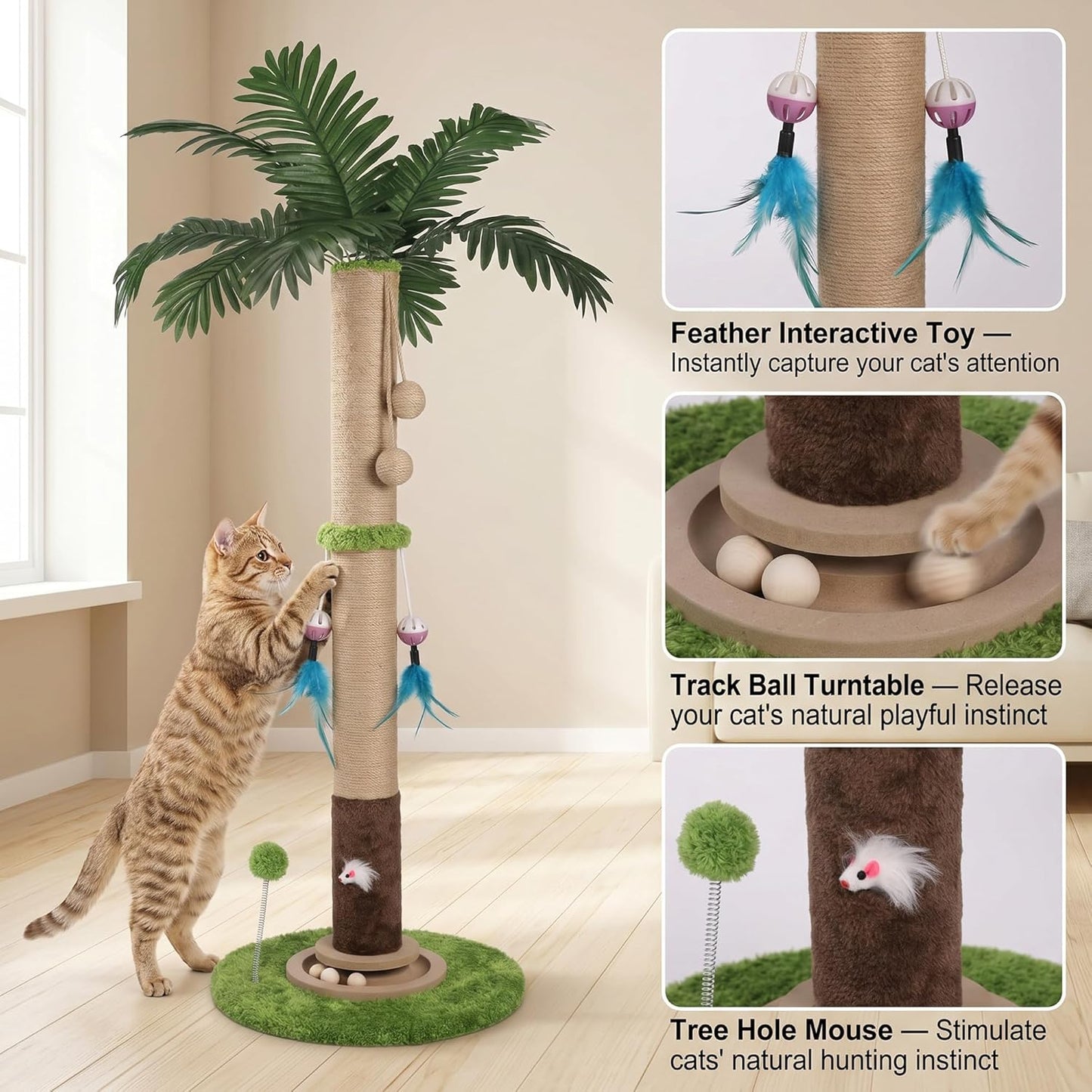 Cat Scratching Post for Indoor Cat Adult, 35 Inch Tall Tree Scratching Post | Sisal Large Cat Scratching Post with Interactive Cat Toy, Mouse Hole & Ball Track for Kittens Cats, Upgrade Suction Cup Base
