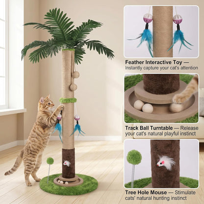 Cat Scratching Post for Indoor Cat Adult, 35 Inch Tall Tree Scratching Post | Sisal Large Cat Scratching Post with Interactive Cat Toy, Mouse Hole & Ball Track for Kittens Cats, Upgrade Suction Cup Base