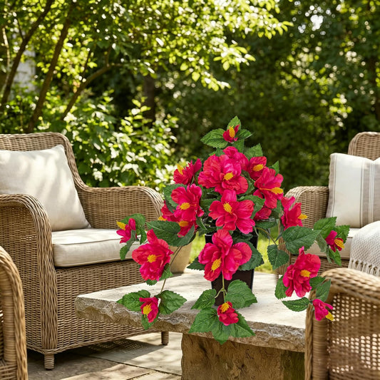 27.5" Artificial Hibiscus Plant with Black Planter Included, Large Faux Tropical Flower Arrangement UV Resistant, Fake Red Hibiscus Tree for Front Door Porch Patio Balcony Indoor Outdoor Decor