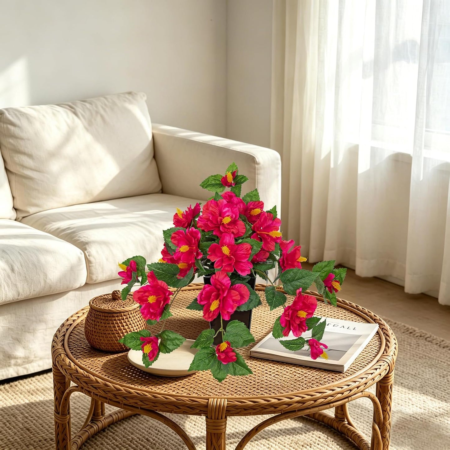 27.5" Artificial Hibiscus Plant with Black Planter Included, Large Faux Tropical Flower Arrangement UV Resistant, Fake Red Hibiscus Tree for Front Door Porch Patio Balcony Indoor Outdoor Decor