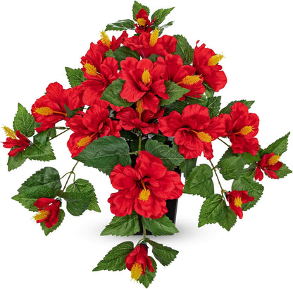 27.5" Artificial Hibiscus Plant with Black Planter Included, Large Faux Tropical Flower Arrangement UV Resistant, Fake Red Hibiscus Tree for Front Door Porch Patio Balcony Indoor Outdoor Decor