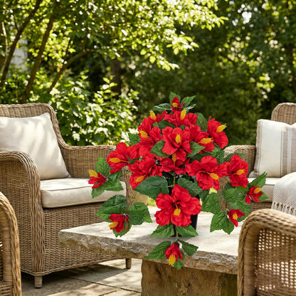 27.5" Artificial Hibiscus Plant with Black Planter Included, Large Faux Tropical Flower Arrangement UV Resistant, Fake Red Hibiscus Tree for Front Door Porch Patio Balcony Indoor Outdoor Decor