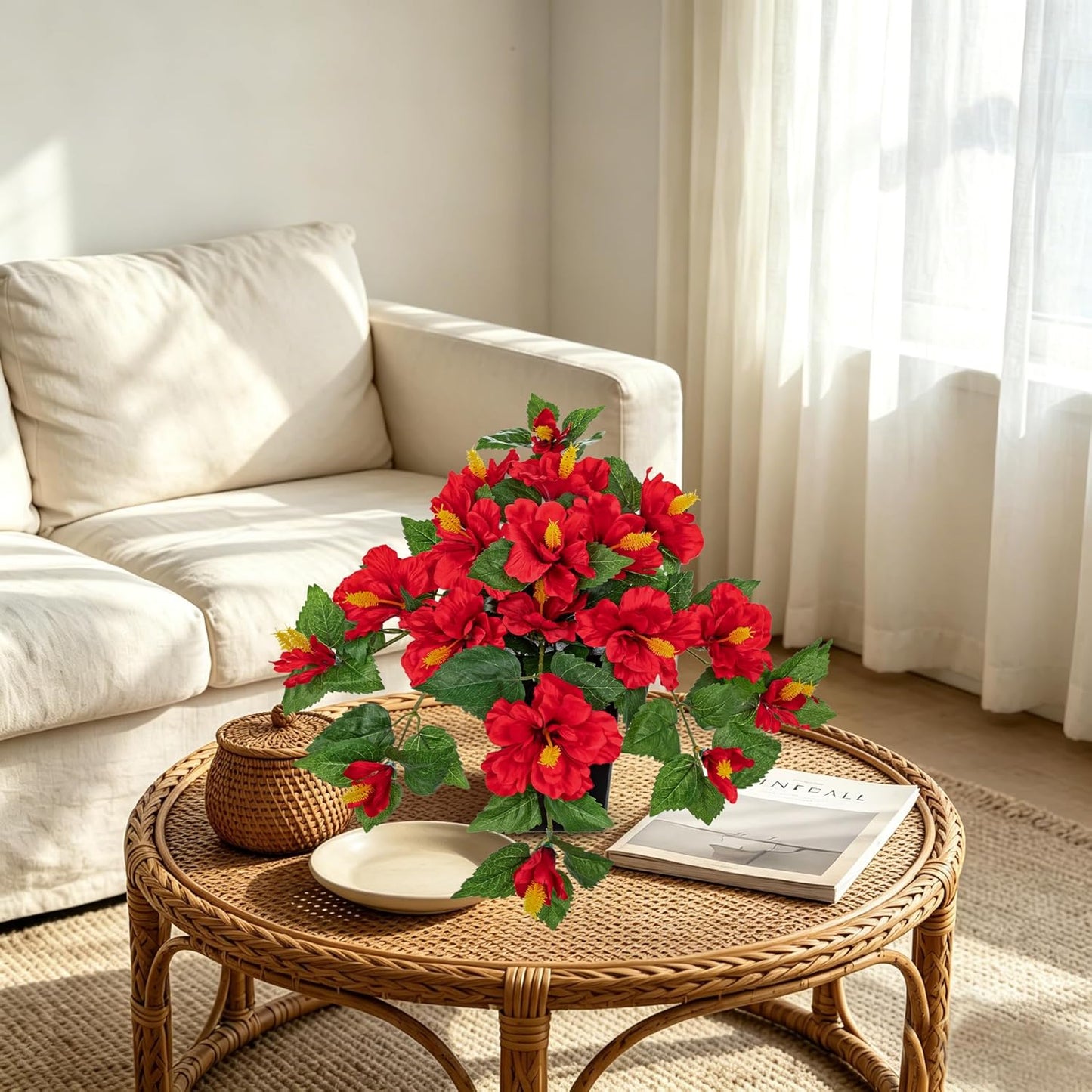27.5" Artificial Hibiscus Plant with Black Planter Included, Large Faux Tropical Flower Arrangement UV Resistant, Fake Red Hibiscus Tree for Front Door Porch Patio Balcony Indoor Outdoor Decor