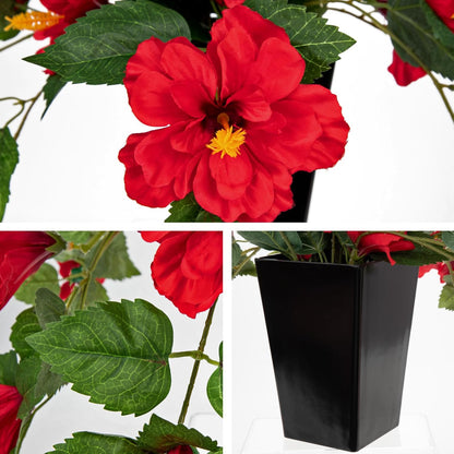 27.5" Artificial Hibiscus Plant with Black Planter Included, Large Faux Tropical Flower Arrangement UV Resistant, Fake Red Hibiscus Tree for Front Door Porch Patio Balcony Indoor Outdoor Decor