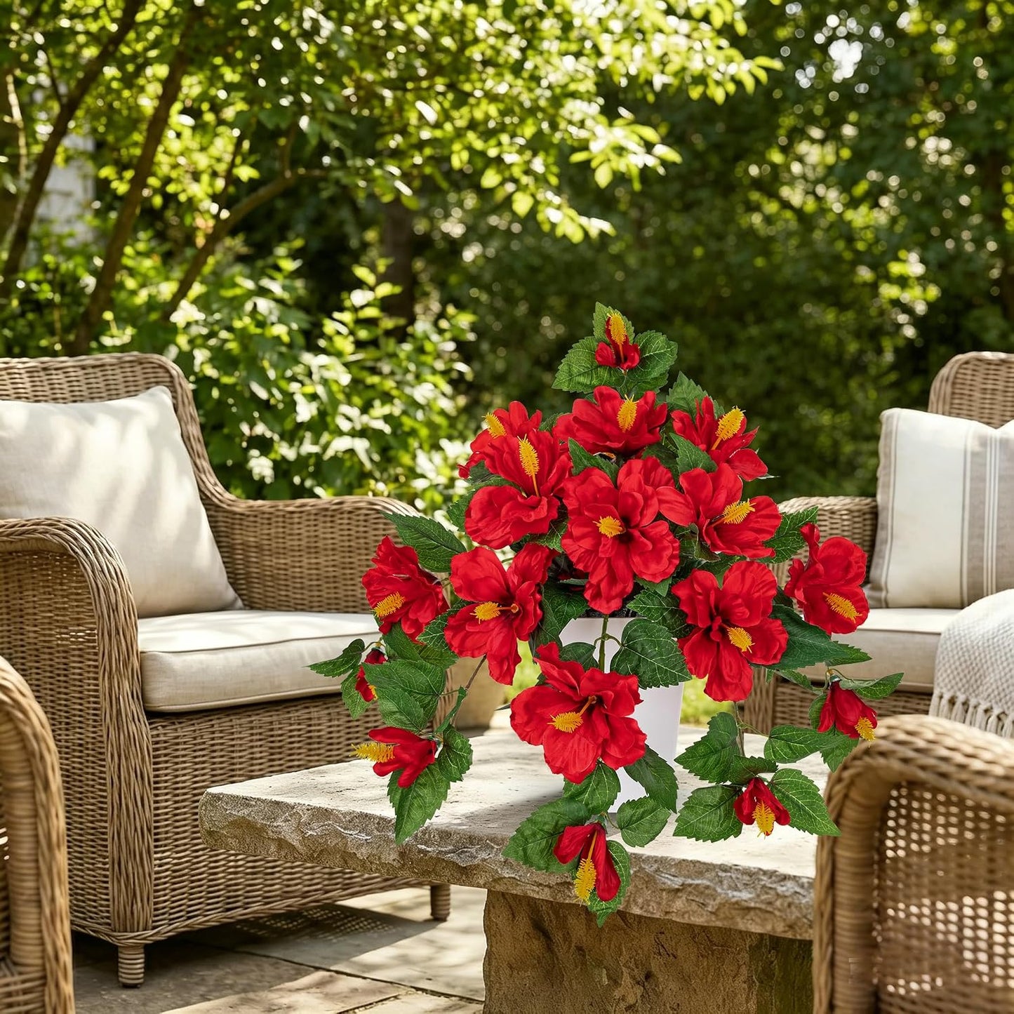 27.5" Artificial Hibiscus Plant with Black Planter Included, Large Faux Tropical Flower Arrangement UV Resistant, Fake Red Hibiscus Tree for Front Door Porch Patio Balcony Indoor Outdoor Decor