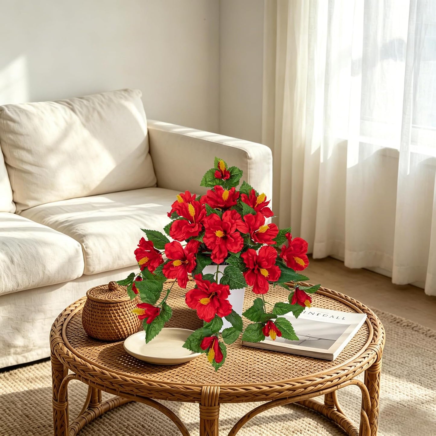 27.5" Artificial Hibiscus Plant with Black Planter Included, Large Faux Tropical Flower Arrangement UV Resistant, Fake Red Hibiscus Tree for Front Door Porch Patio Balcony Indoor Outdoor Decor