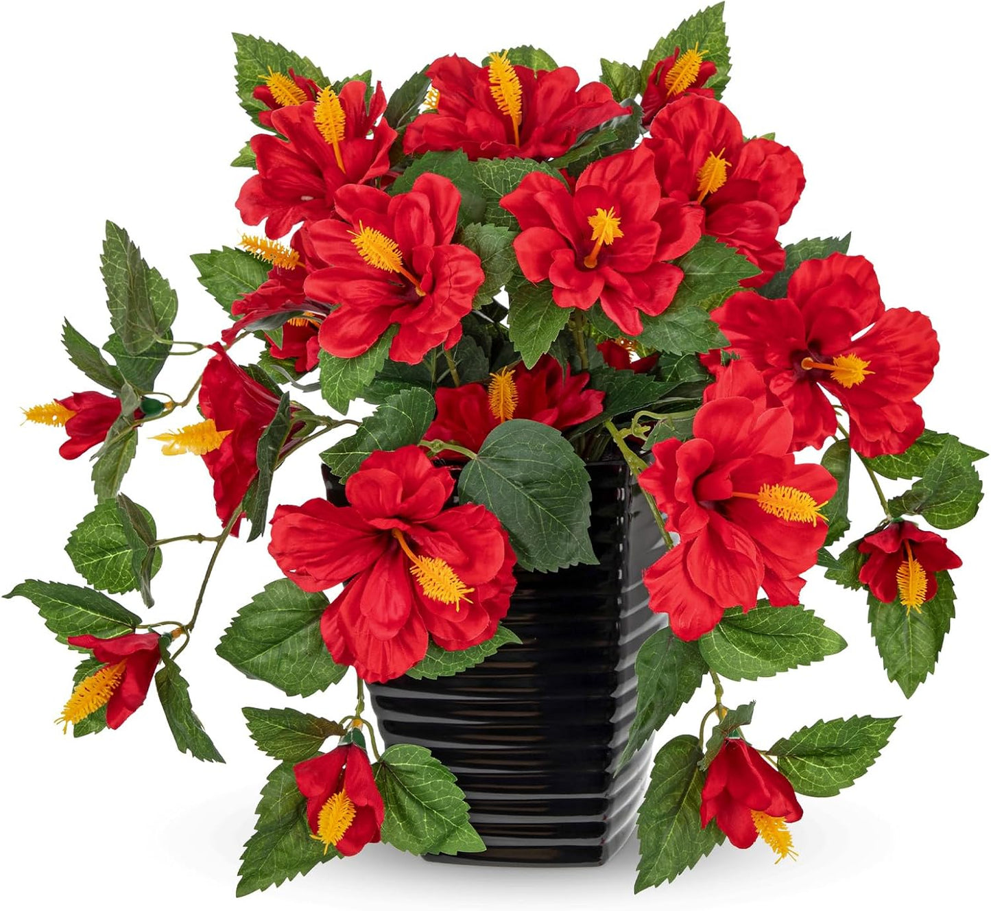 27.5" Artificial Hibiscus Plant with Black Planter Included, Large Faux Tropical Flower Arrangement UV Resistant, Fake Red Hibiscus Tree for Front Door Porch Patio Balcony Indoor Outdoor Decor