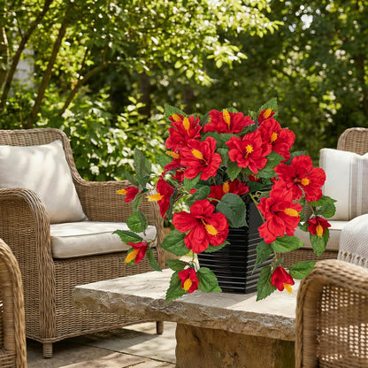 27.5" Artificial Hibiscus Plant with Black Planter Included, Large Faux Tropical Flower Arrangement UV Resistant, Fake Red Hibiscus Tree for Front Door Porch Patio Balcony Indoor Outdoor Decor